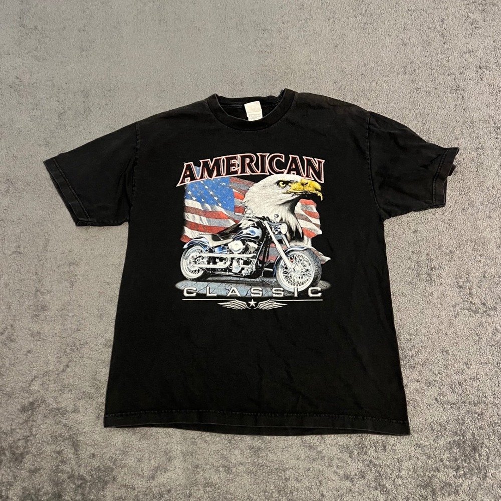 Vintage American Classic Biker Shirt Mens Large Black Eagle Motorcycle Flag Tee